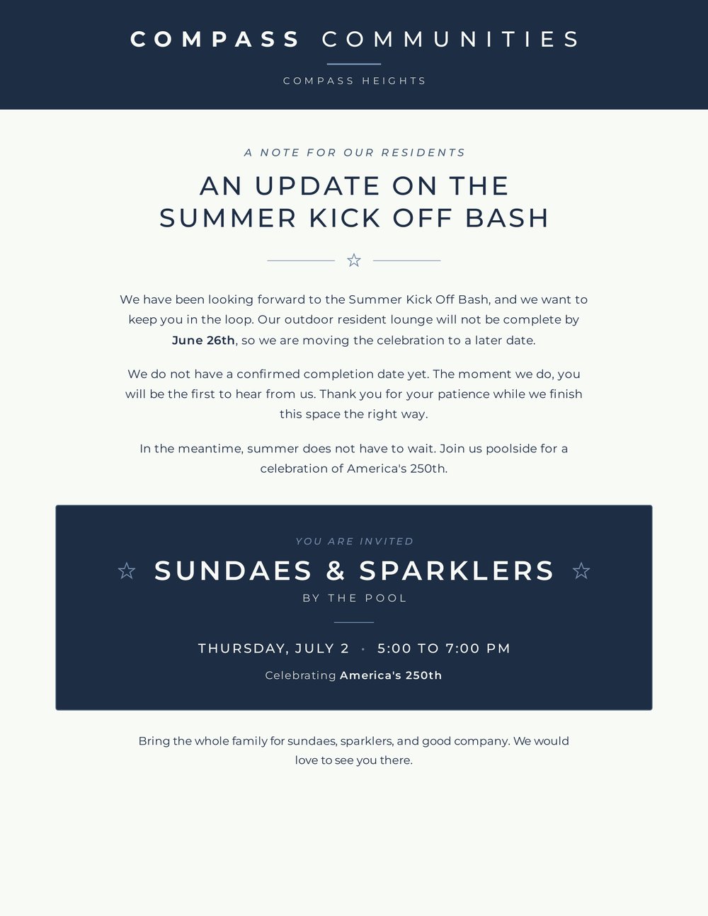 Sundaes and Sparklers by the pool flyer