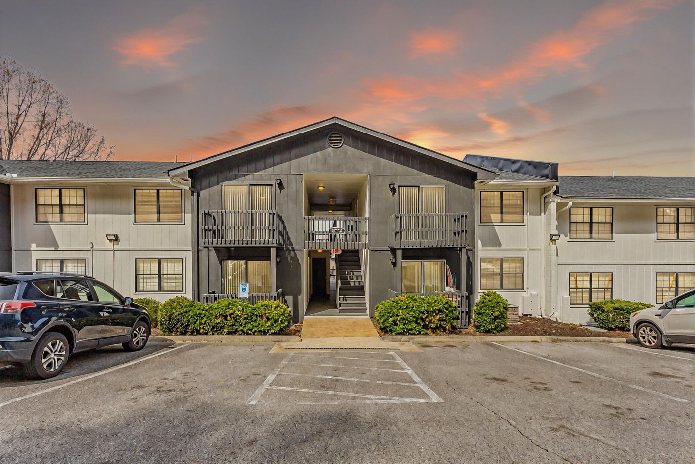 Building exterior at sunset